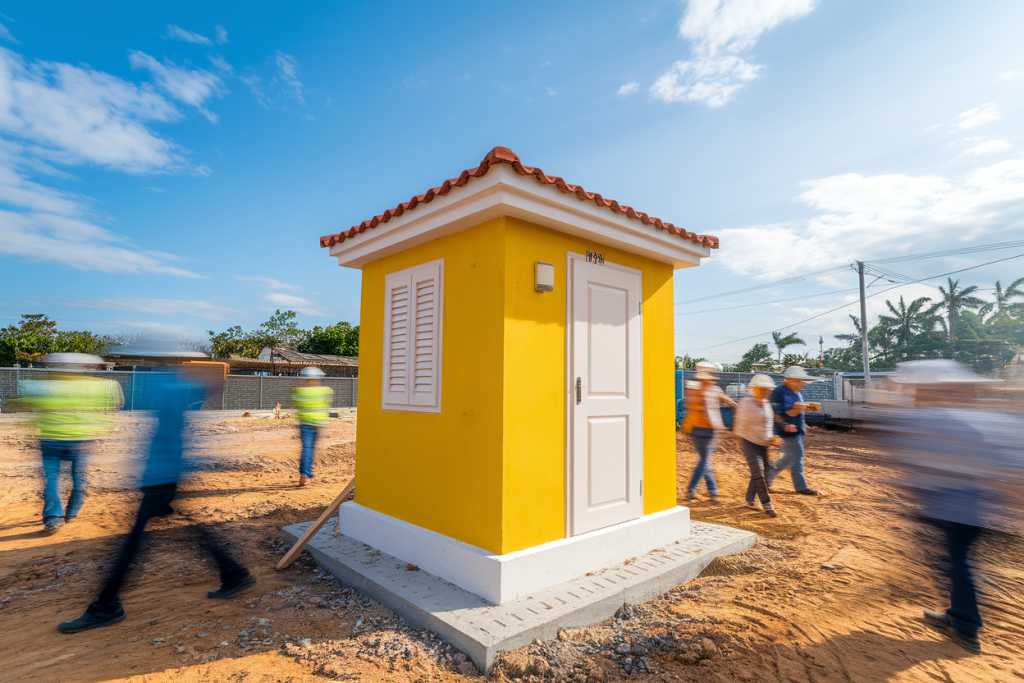 chantier-bungalowsanitaire-colore-ouvriers-flous