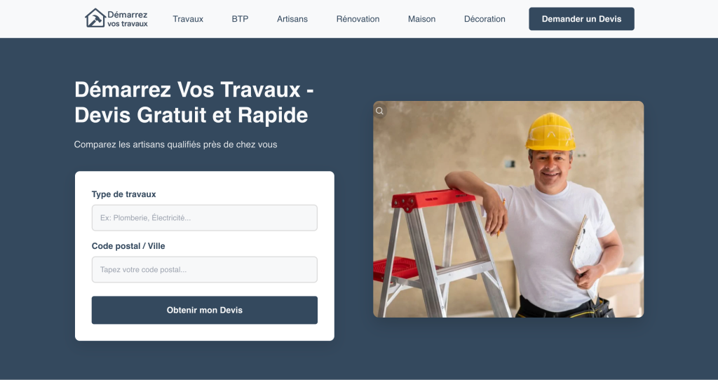Capture d'écran de la page d'accueil de demarrez-vos-travaux.fr