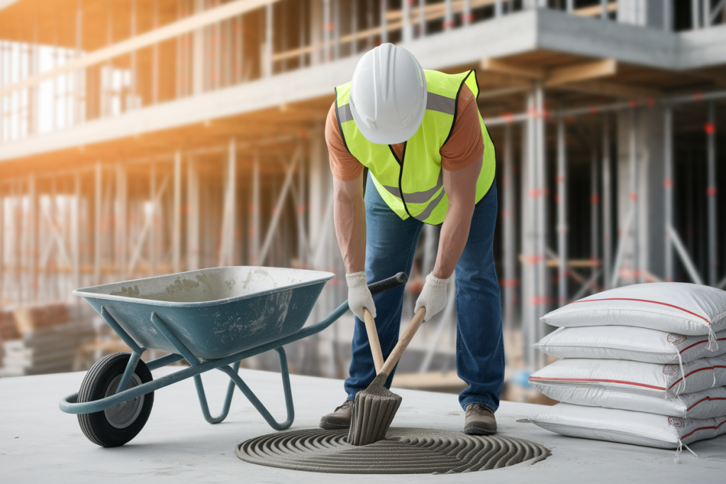 ouvrier-construction-gilet-reflechissant-melange-mortier