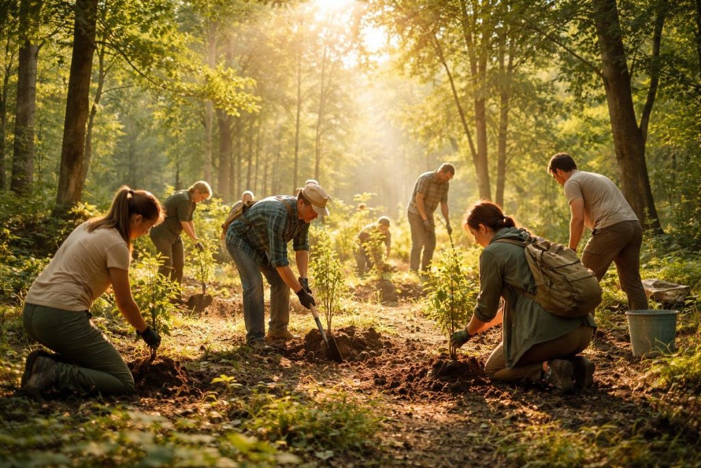 foret-verdoyante-gens-plantant-arbres