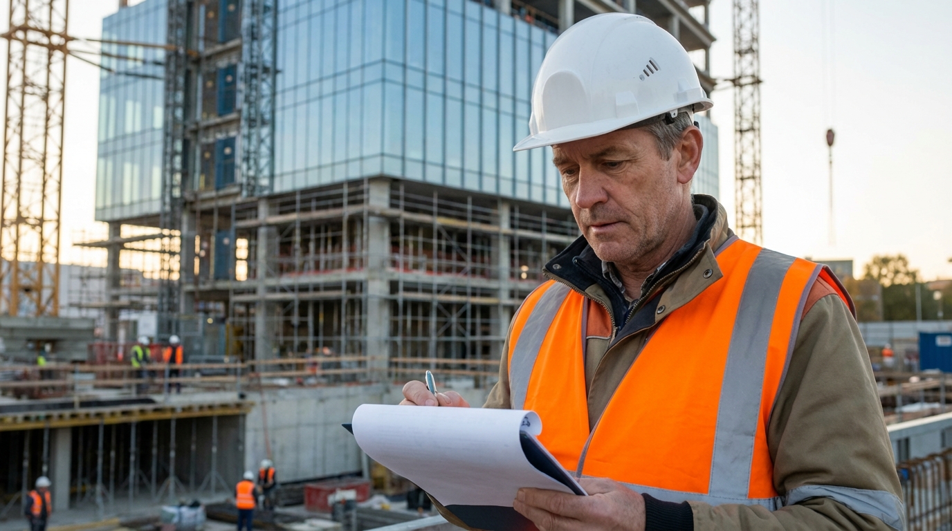 chef de chantier BTP consultant des documents financiers devant un immeuble en construction