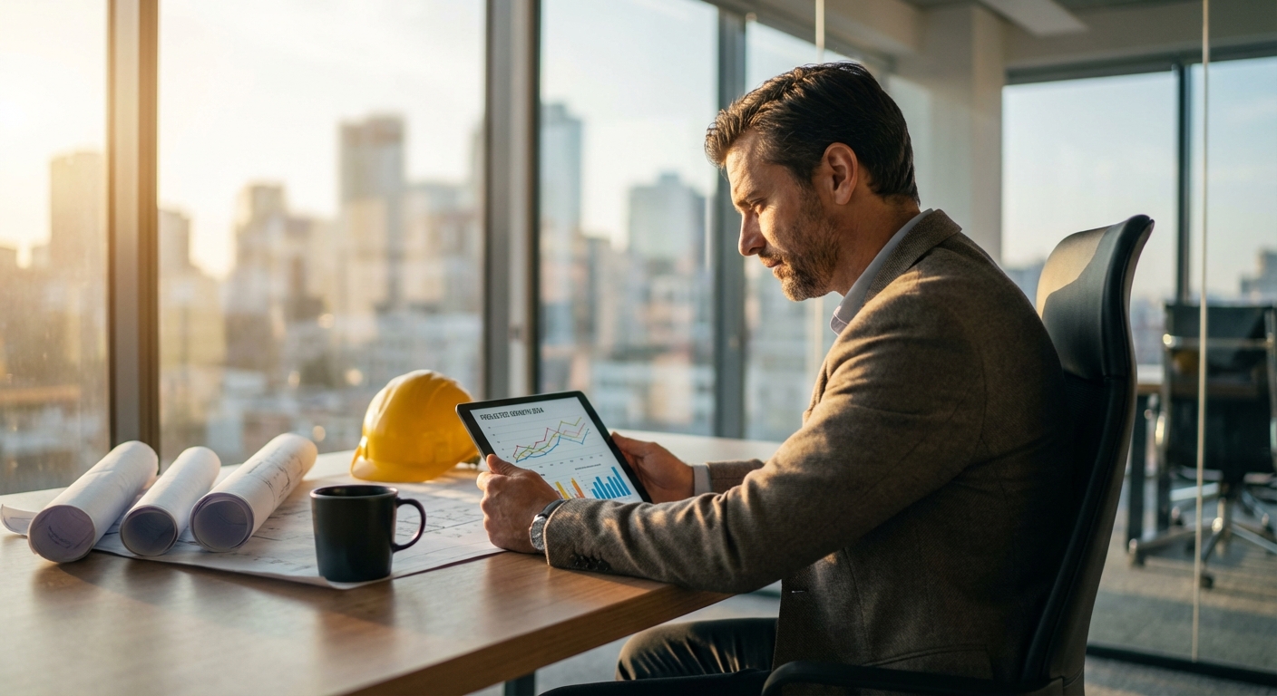 entrepreneur BTP consultant une application de financement sur tablette depuis son bureau