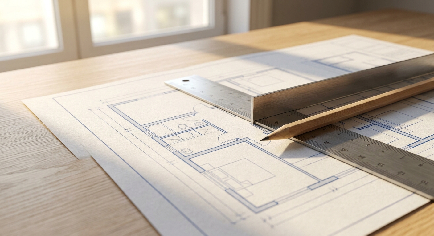 plan de maison individuelle posé sur une table avec une règle et un crayon