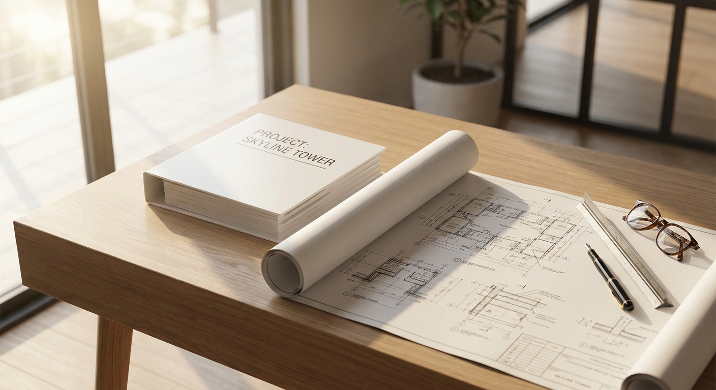 dossier de permis de construire avec plans techniques sur un bureau